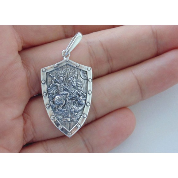 925 Sterling Silver Pendant St George Shield Mens Biker Dragon Eagle Fight Snake - Picture 5 of 7